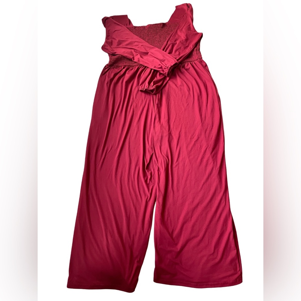 Red Wide-Leg Jumpsuit with Smock Detail